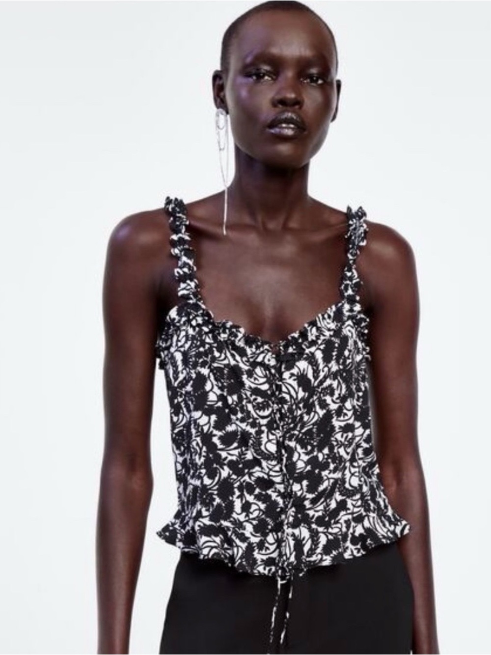 Zara Black & White Floral Ruffle Strap Cami Top